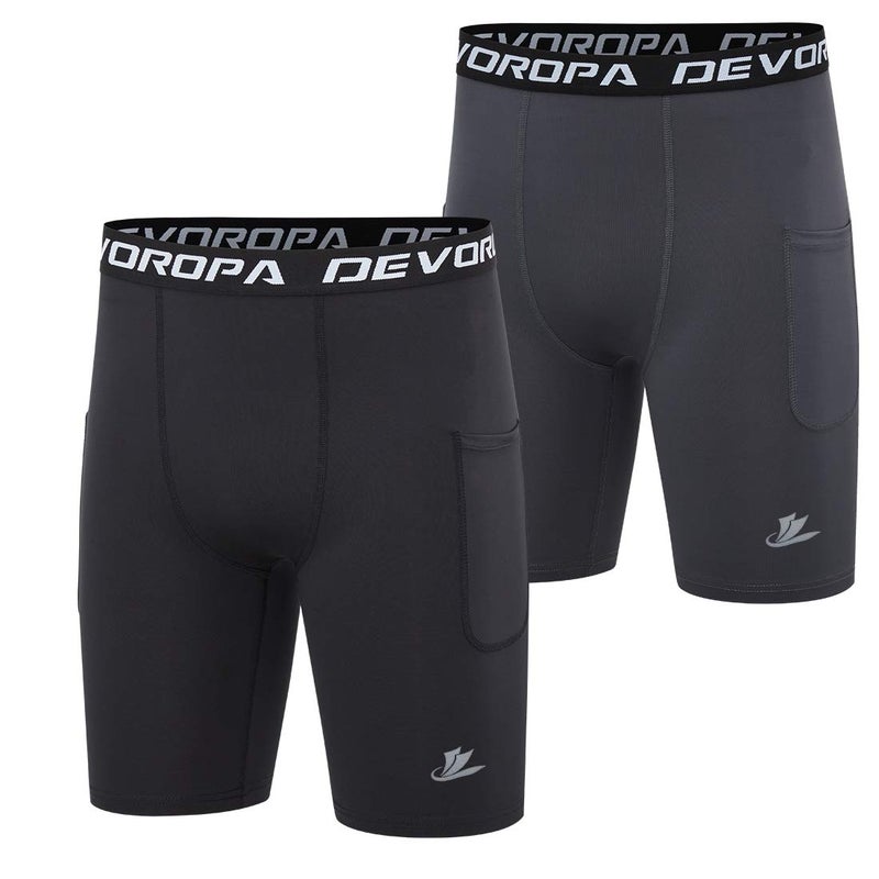 DEVOROPA Youth Boys' Compression Shorts Performance Athletic Base Layers Workout Training Underwear Side Pocket Black/Gray L (Pack of 2) - Image 1